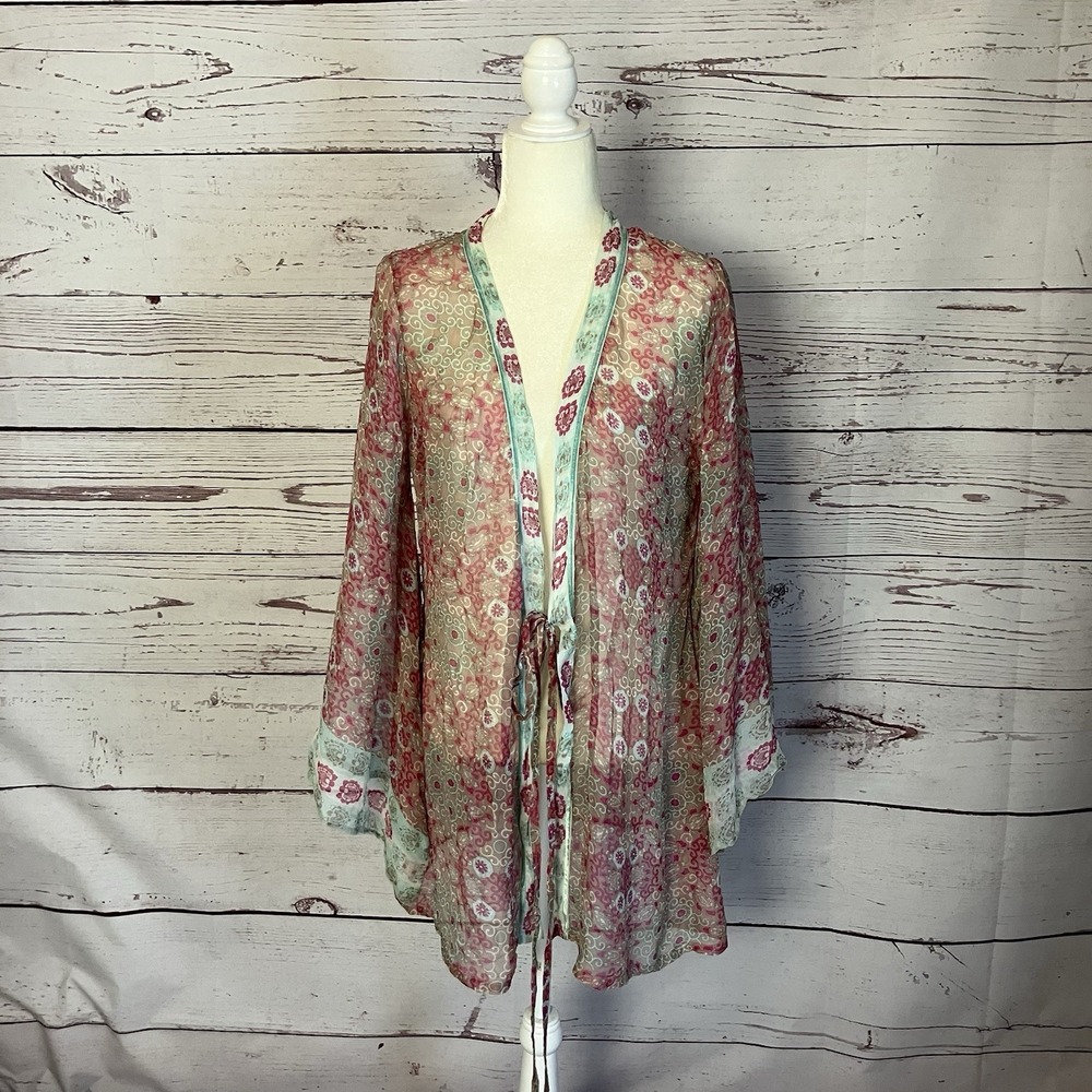 Lolita Jaca St Barth Silk Kimono Womens One Size Sheer Tie Front Multicolor Boho